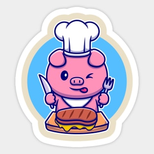 Cute Pig Chef Eating Beef Steak Cartoon Sticker